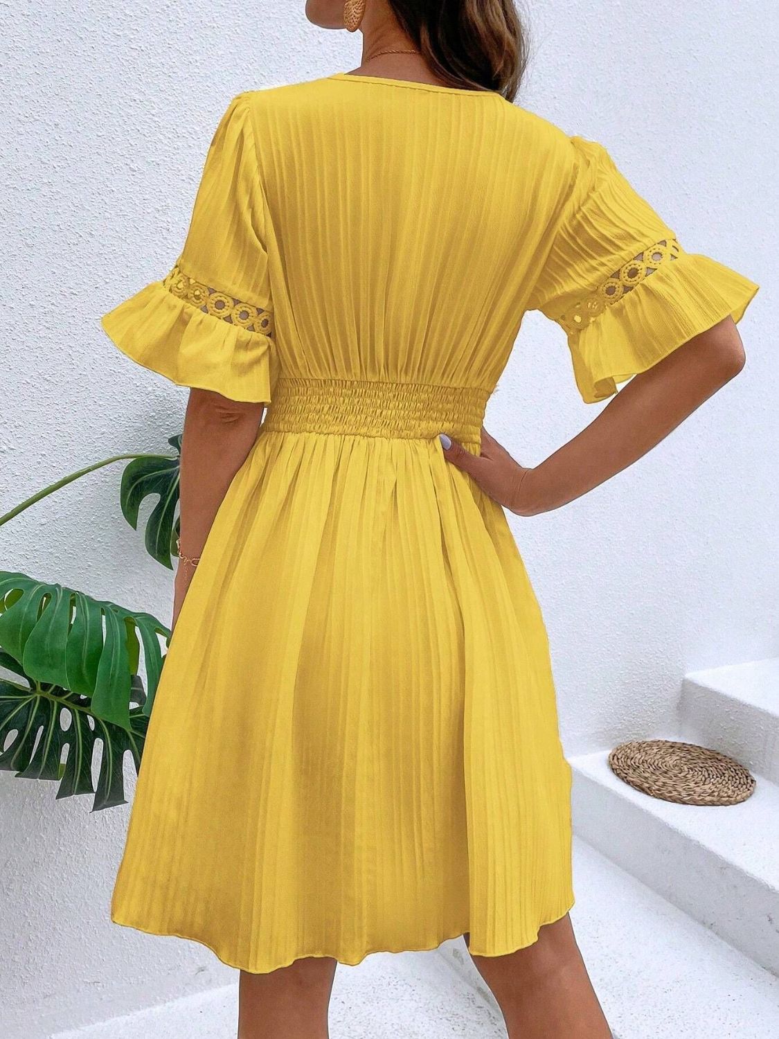 Cutout V - Neck Flounce Sleeve Mini Dress - Loulou Boutique