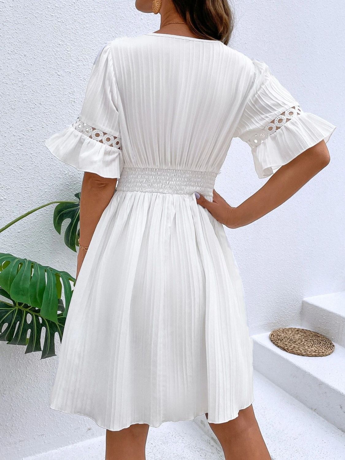 Cutout V - Neck Flounce Sleeve Mini Dress - Loulou Boutique