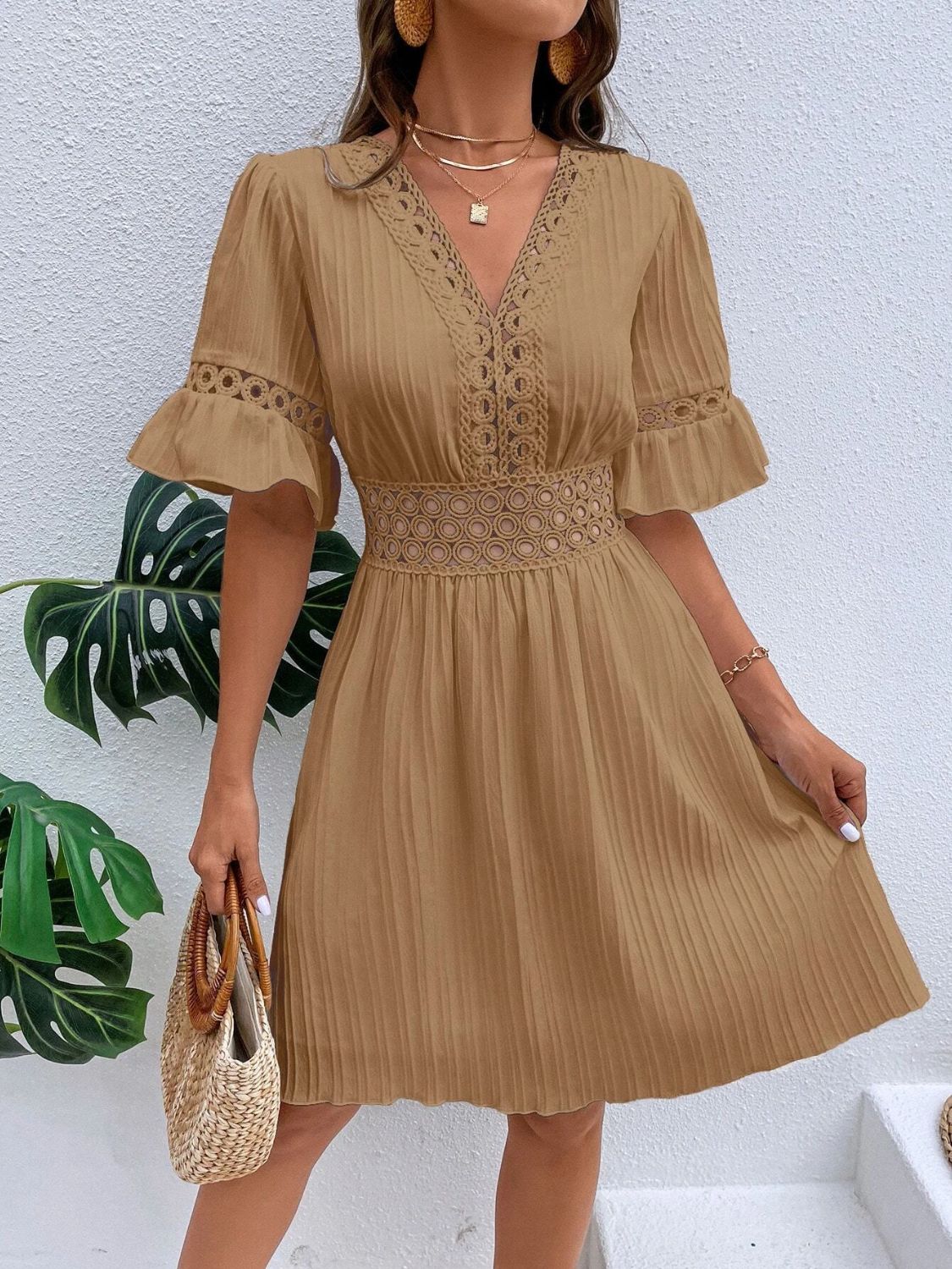 Cutout V - Neck Flounce Sleeve Mini Dress - Loulou Boutique