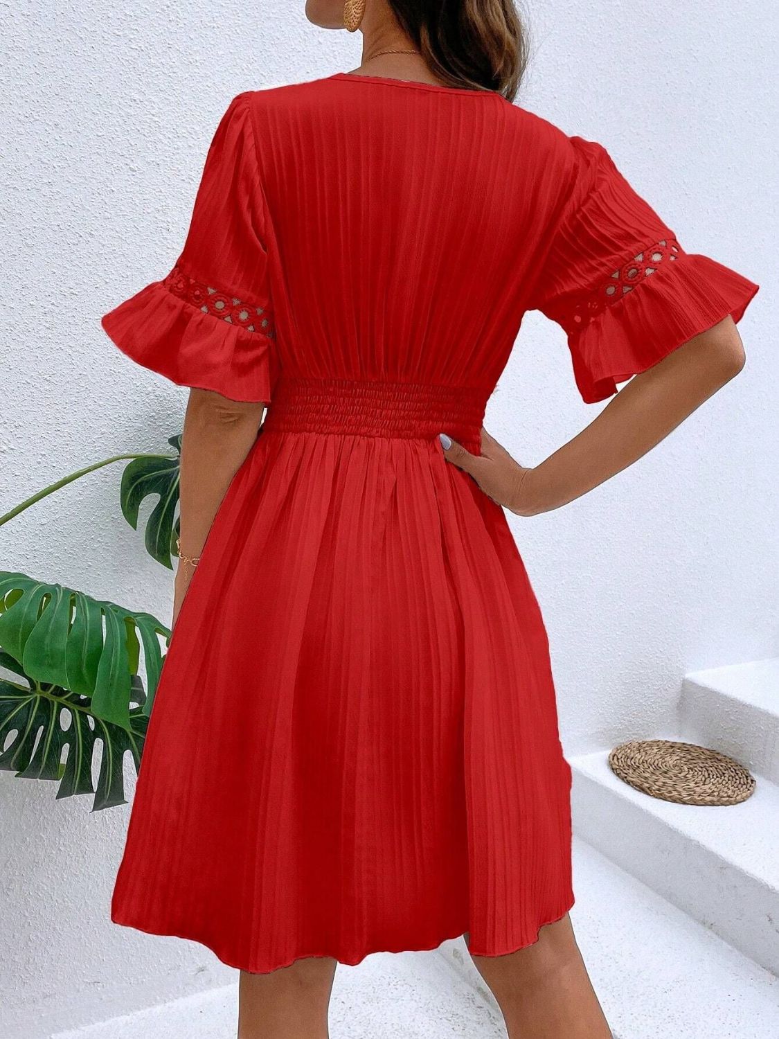 Cutout V - Neck Flounce Sleeve Mini Dress - Loulou Boutique