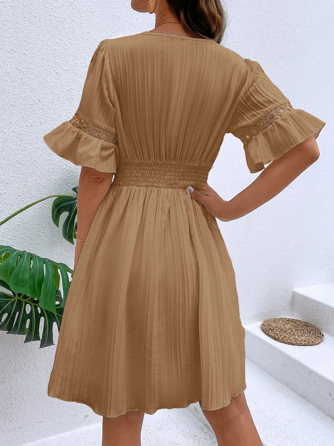 Cutout V - Neck Flounce Sleeve Mini Dress - Loulou Boutique