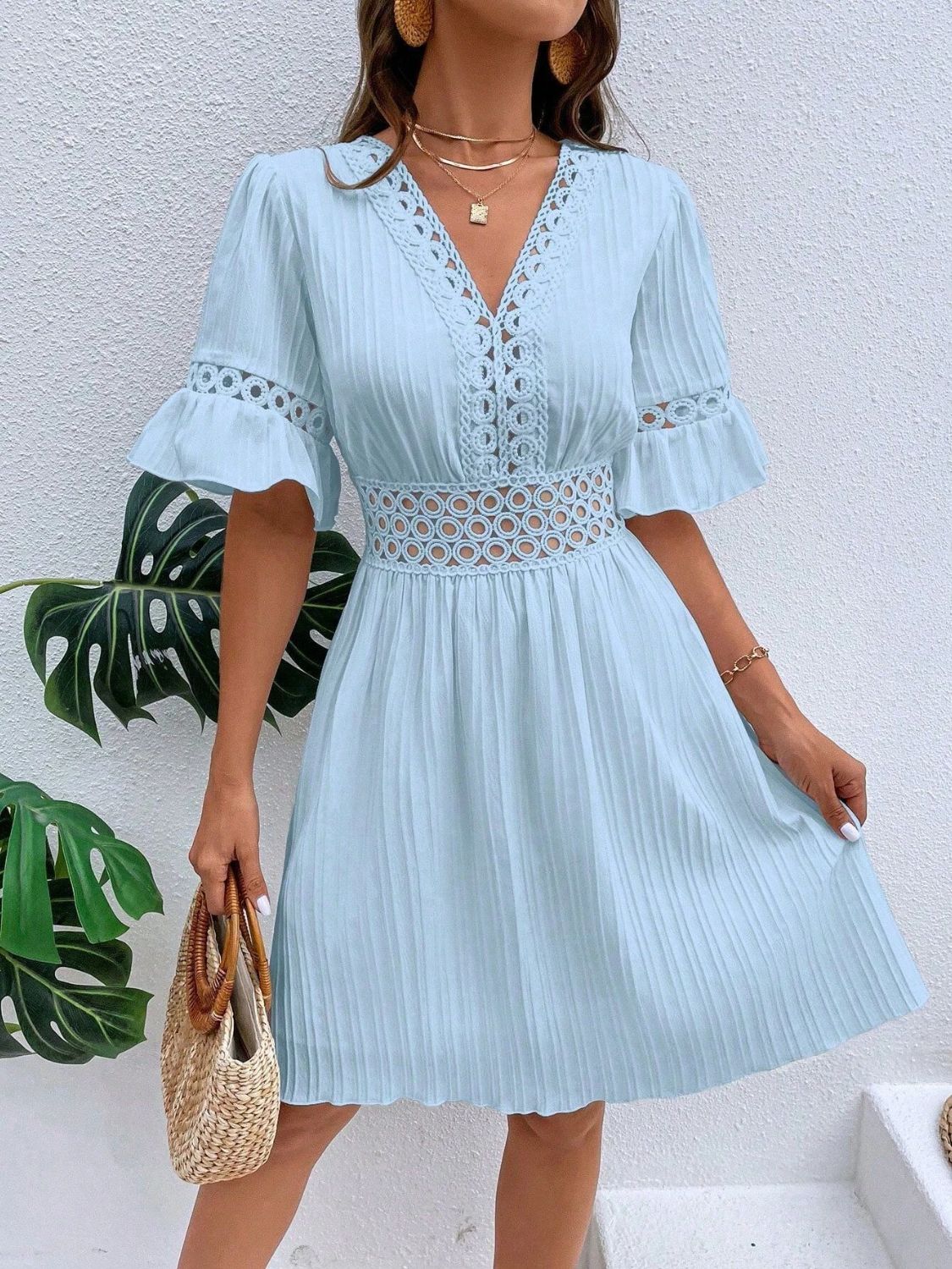 Cutout V - Neck Flounce Sleeve Mini Dress - Loulou Boutique