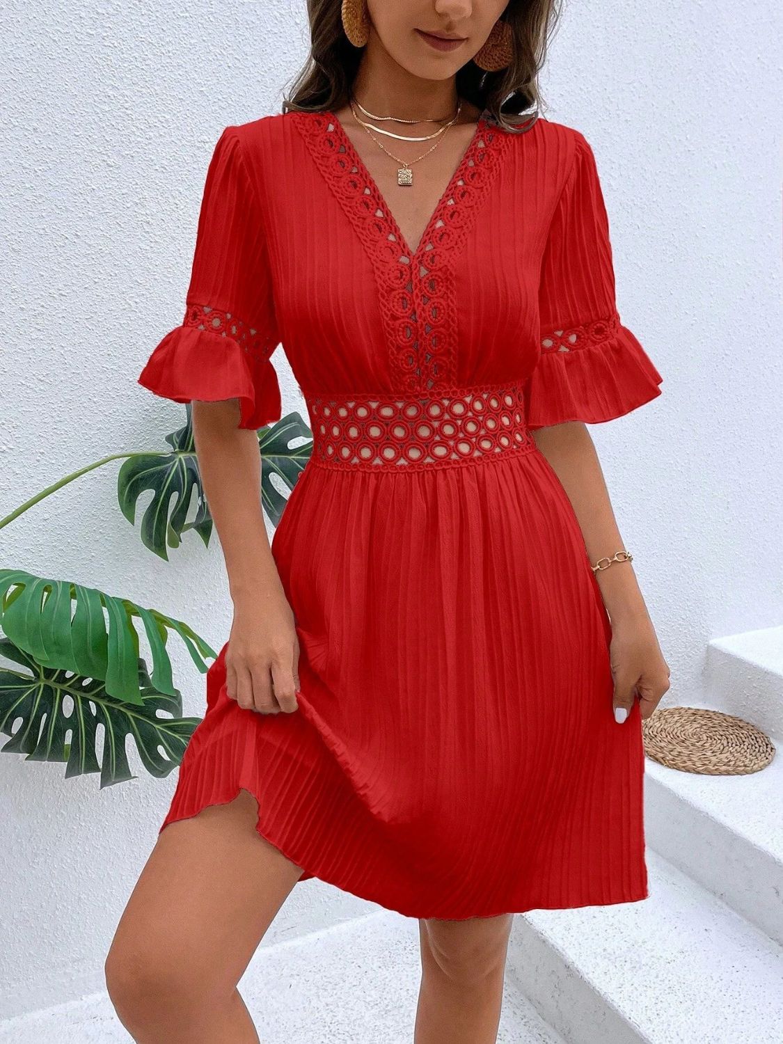 Cutout V - Neck Flounce Sleeve Mini Dress - Loulou Boutique