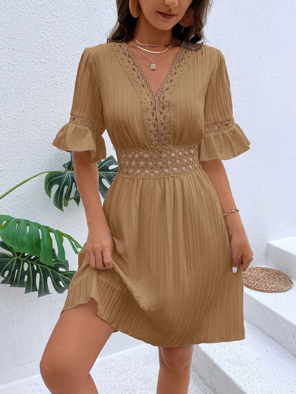 Cutout V - Neck Flounce Sleeve Mini Dress - Loulou Boutique