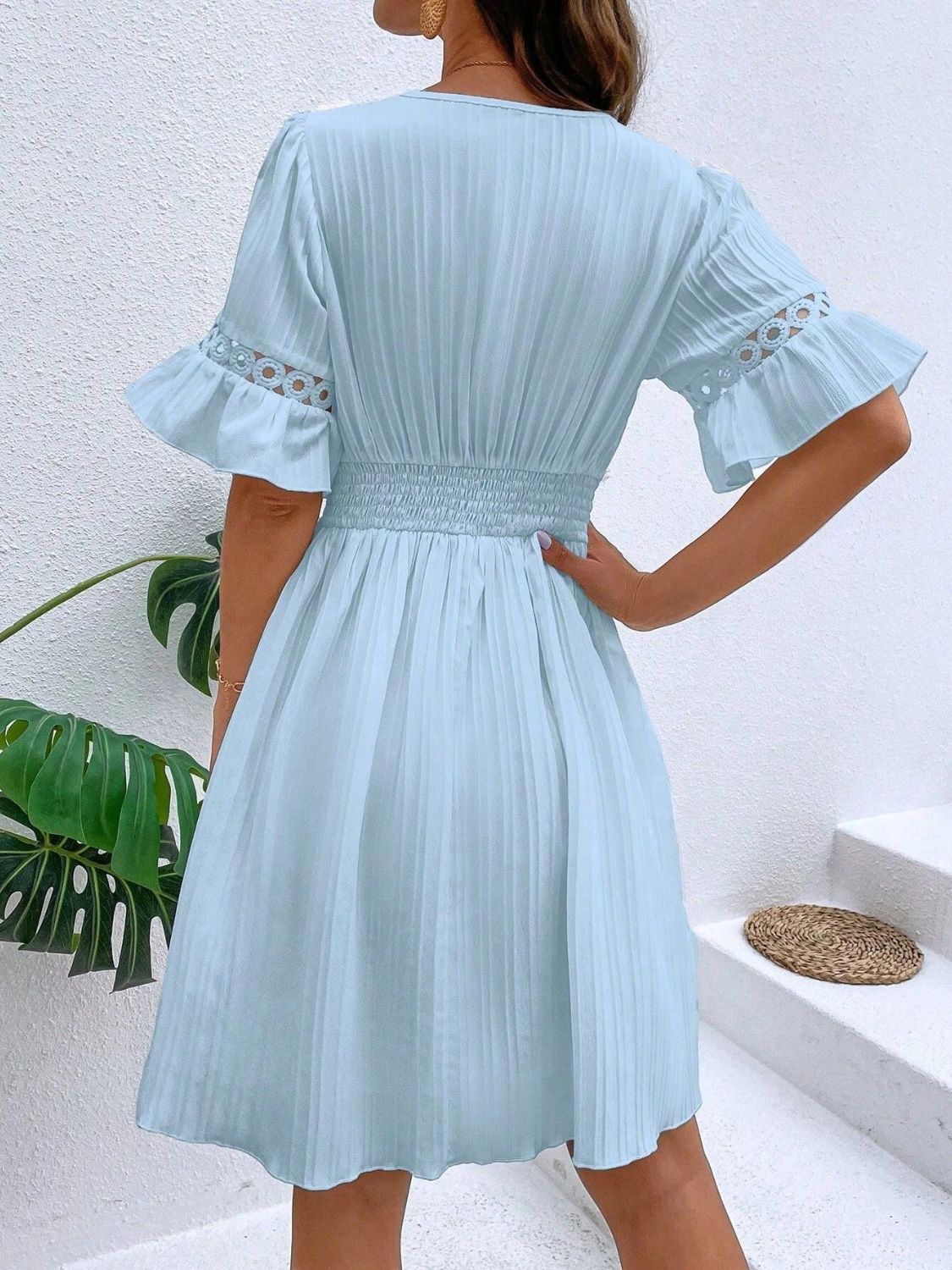 Cutout V - Neck Flounce Sleeve Mini Dress - Loulou Boutique