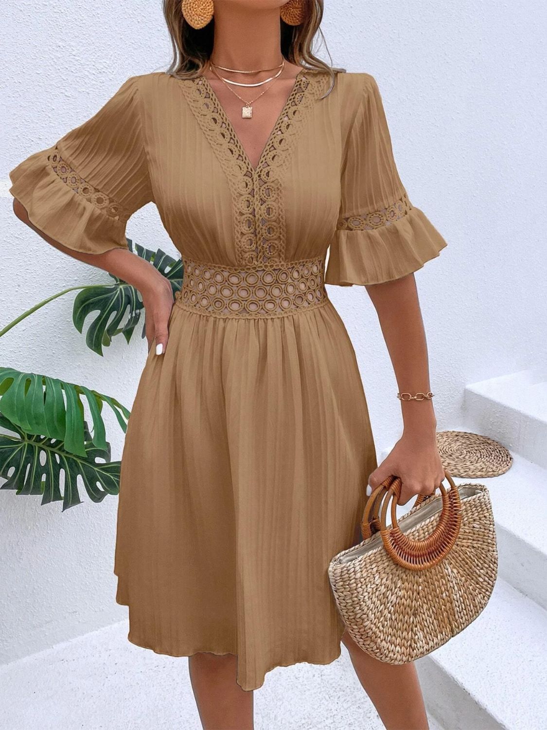 Cutout V - Neck Flounce Sleeve Mini Dress - Loulou Boutique