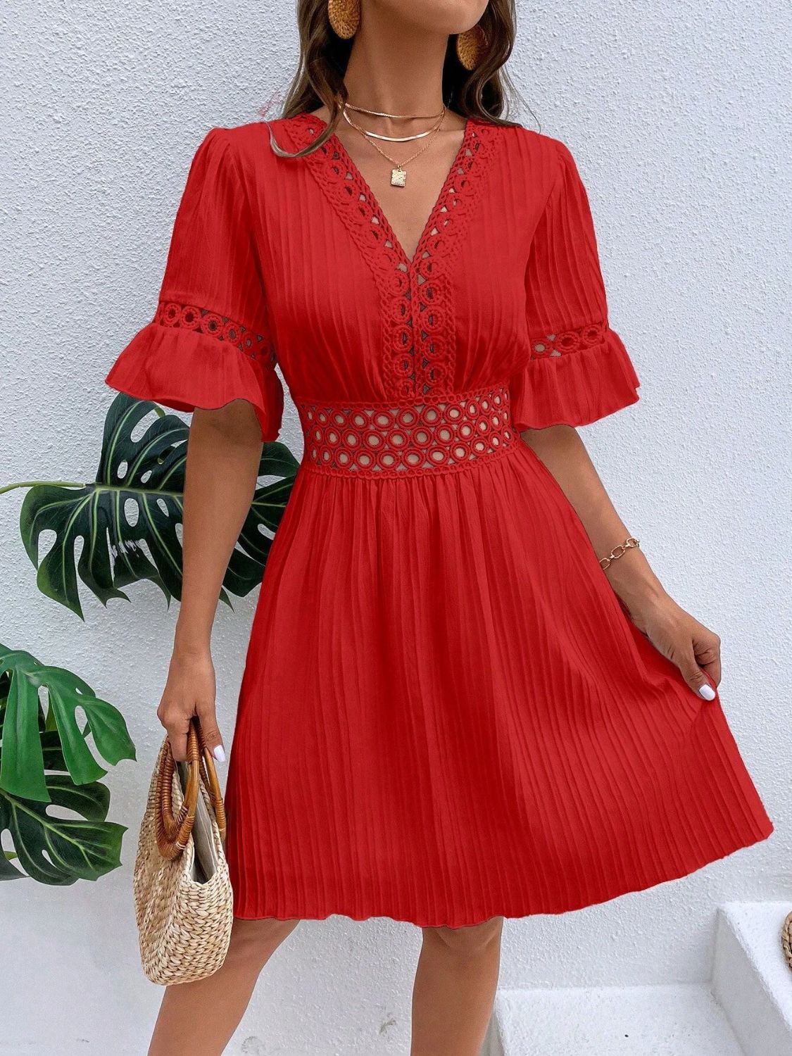 Cutout V - Neck Flounce Sleeve Mini Dress - Loulou Boutique