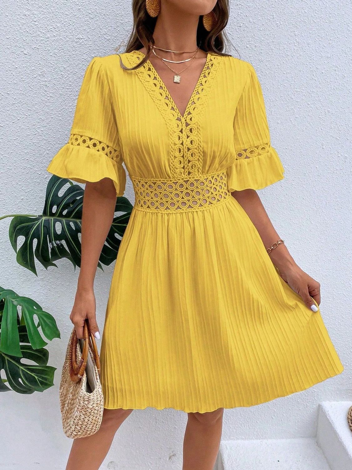 Cutout V - Neck Flounce Sleeve Mini Dress - Loulou Boutique
