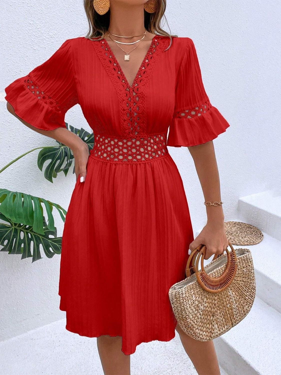 Cutout V - Neck Flounce Sleeve Mini Dress - Loulou Boutique