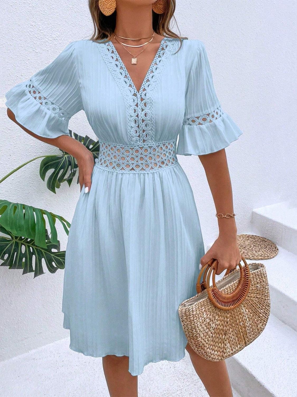 Cutout V - Neck Flounce Sleeve Mini Dress - Loulou Boutique