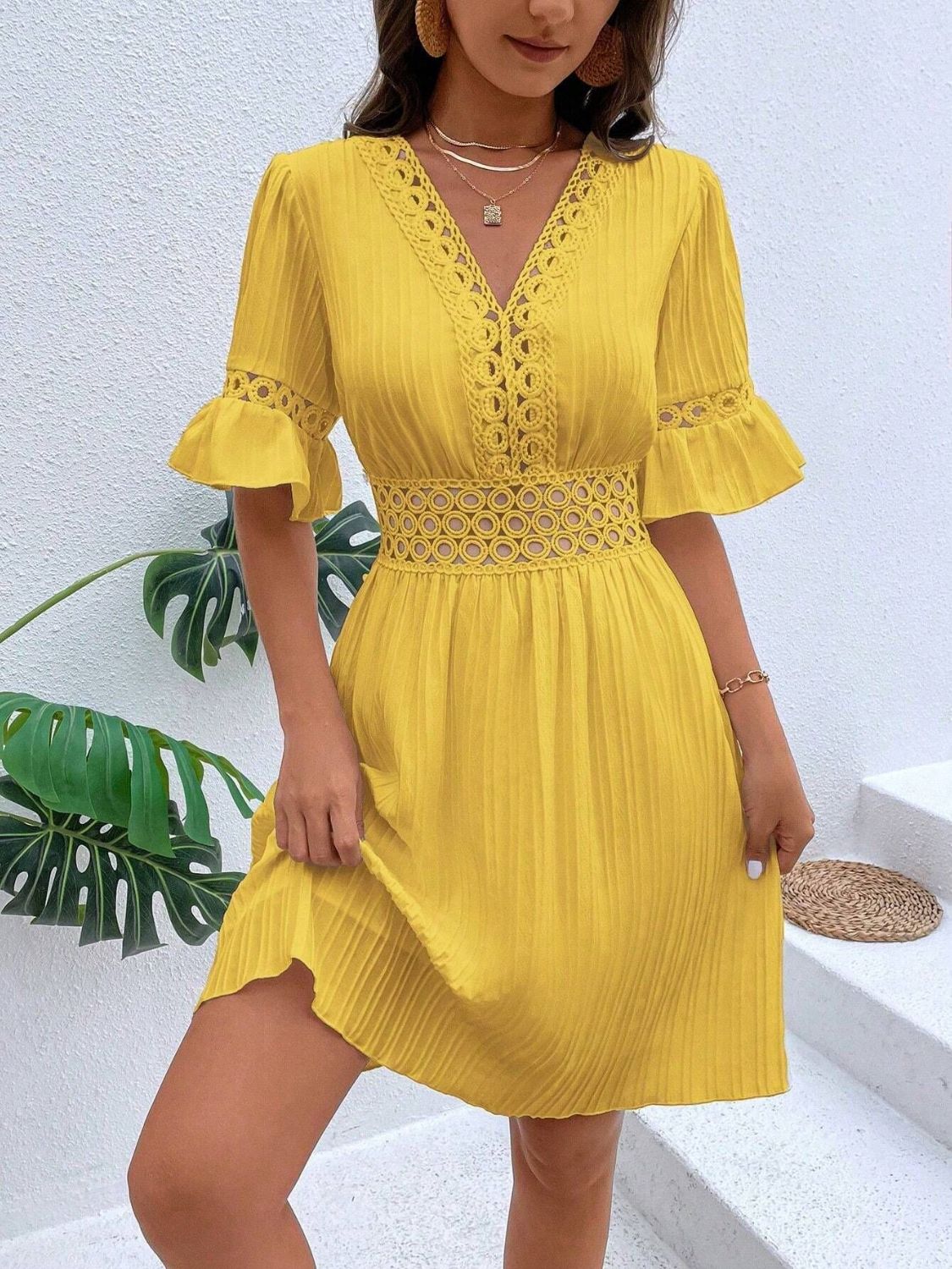 Cutout V - Neck Flounce Sleeve Mini Dress - Loulou Boutique