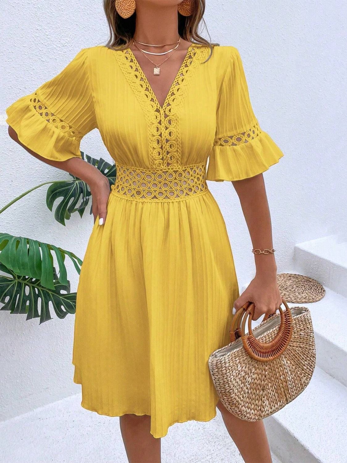 Cutout V - Neck Flounce Sleeve Mini Dress - Loulou Boutique