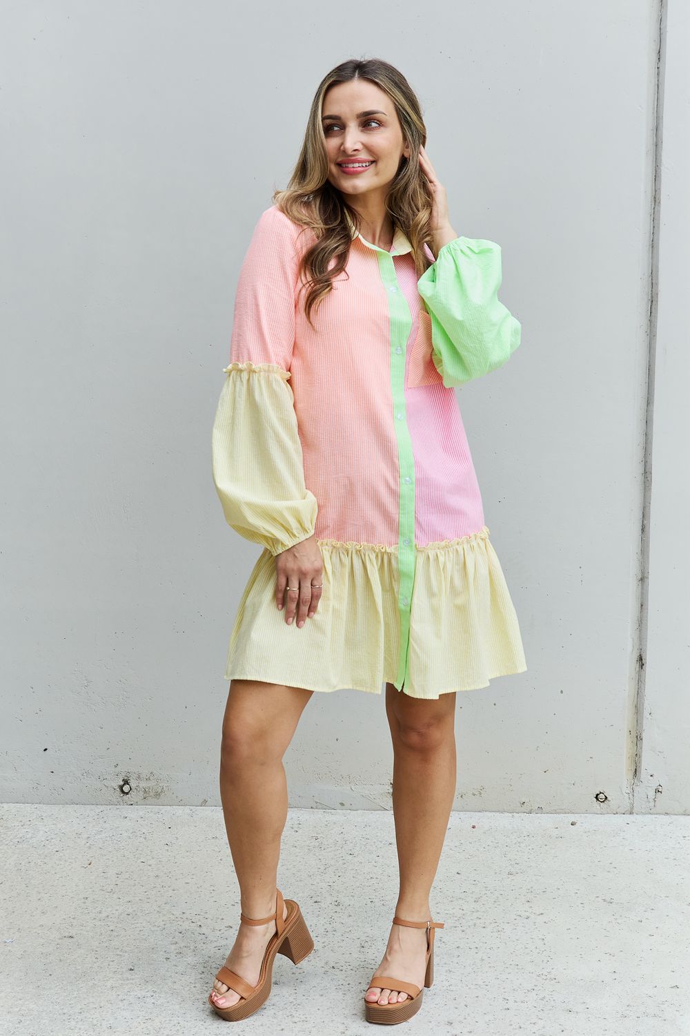 Davi & Dani Flying Colors Full Size Colorblock Long Sleeve Shirt Dress - Loulou Boutique