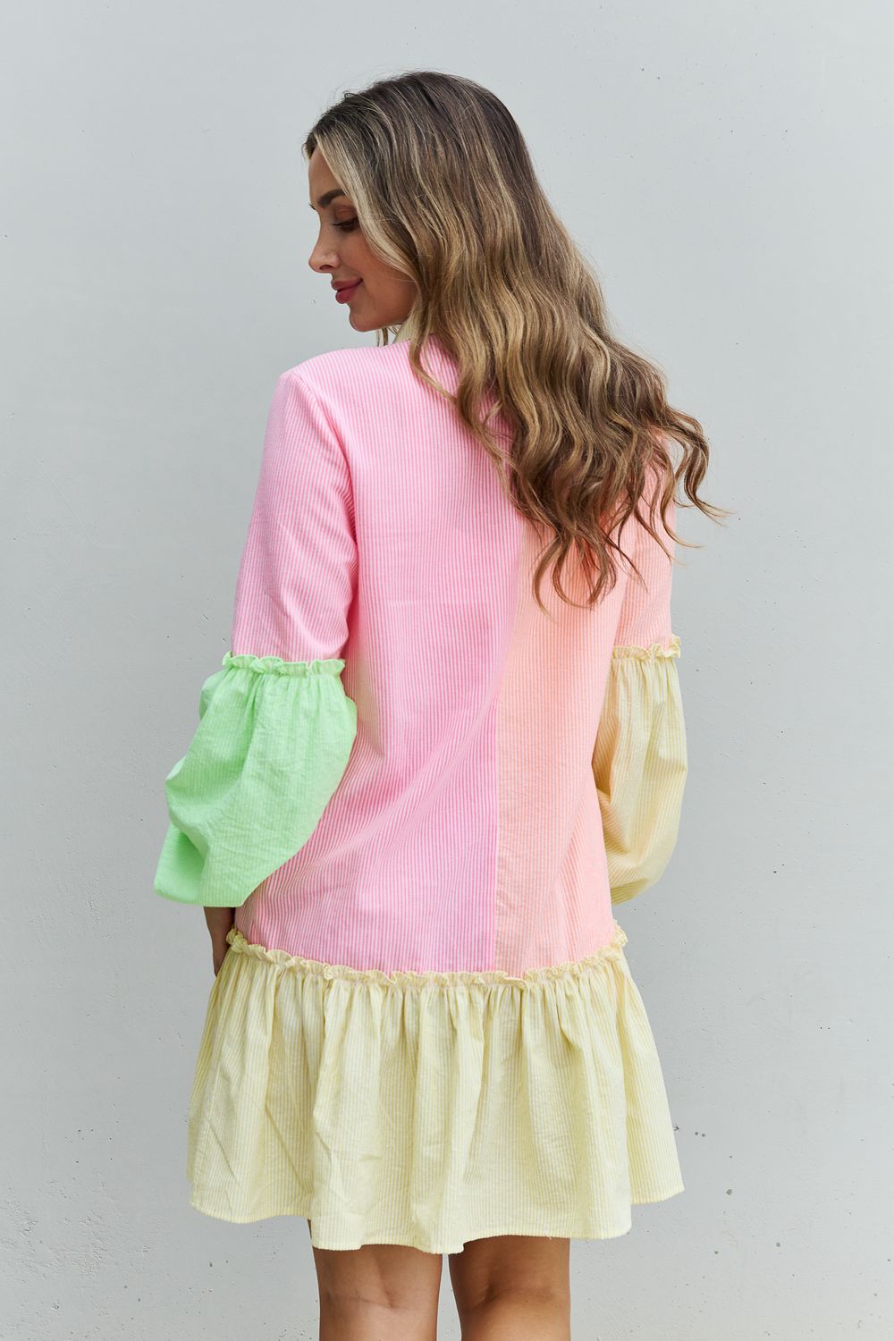 Davi & Dani Flying Colors Full Size Colorblock Long Sleeve Shirt Dress - Loulou Boutique