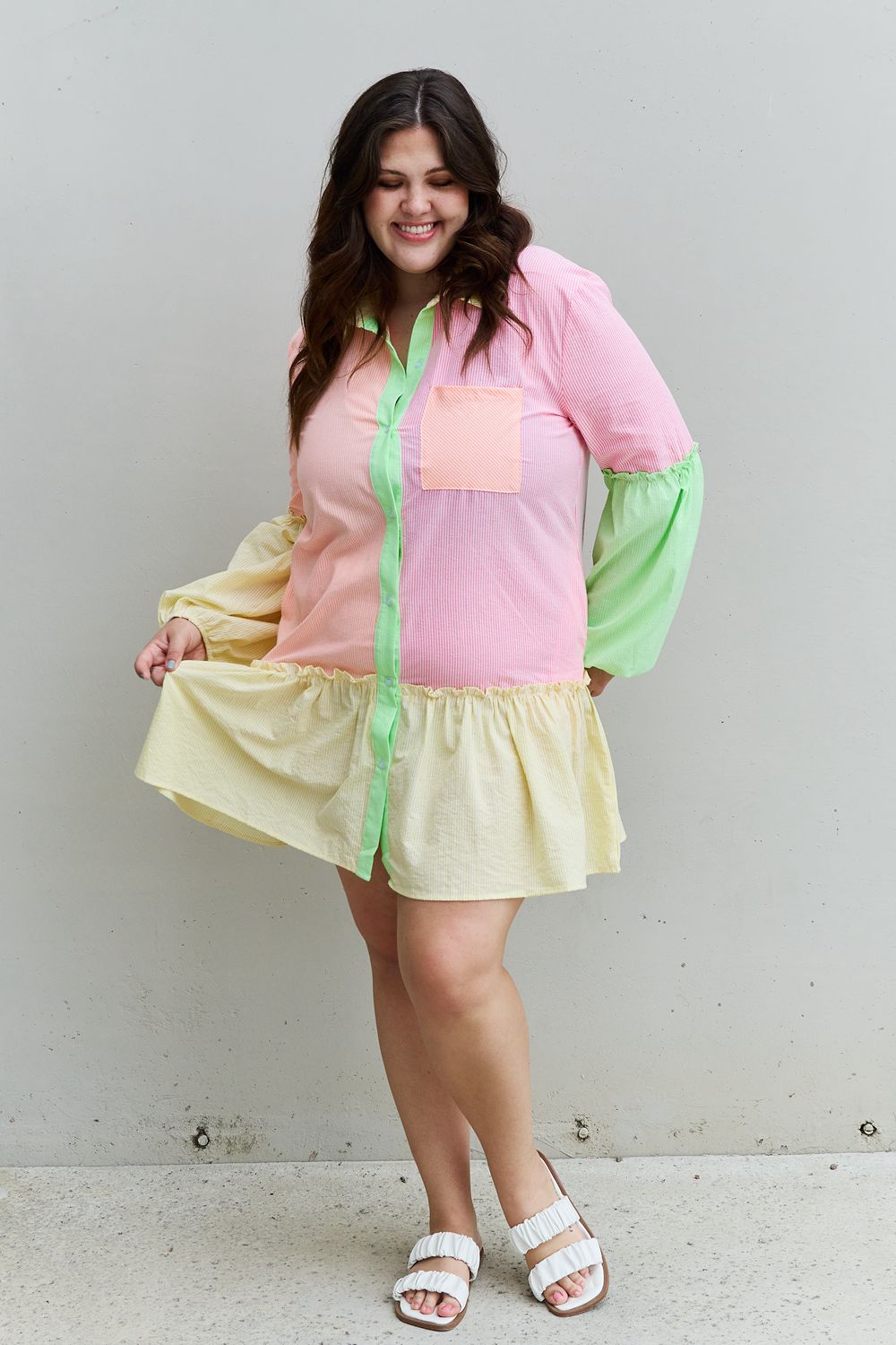 Davi & Dani Flying Colors Full Size Colorblock Long Sleeve Shirt Dress - Loulou Boutique