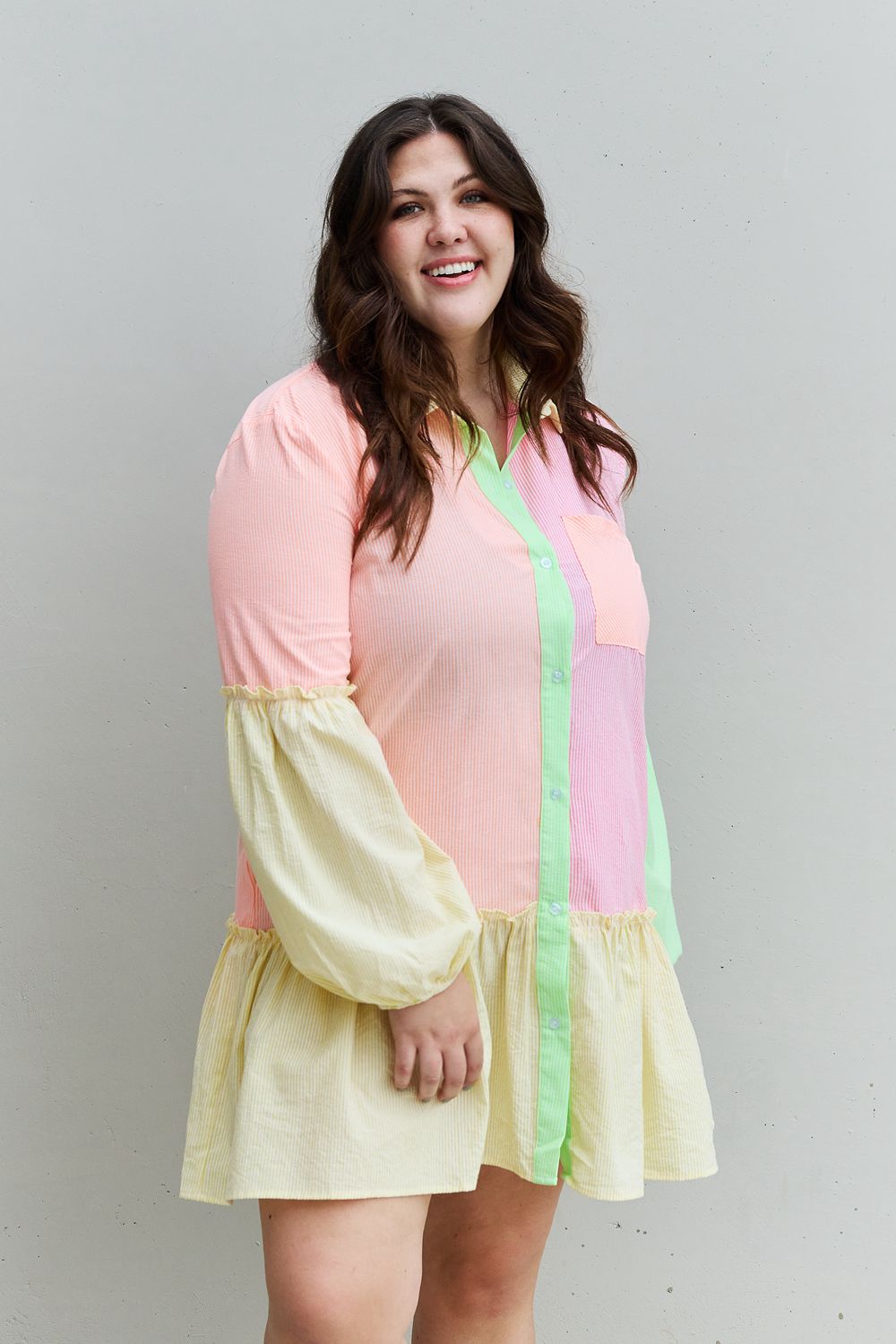 Davi & Dani Flying Colors Full Size Colorblock Long Sleeve Shirt Dress - Loulou Boutique