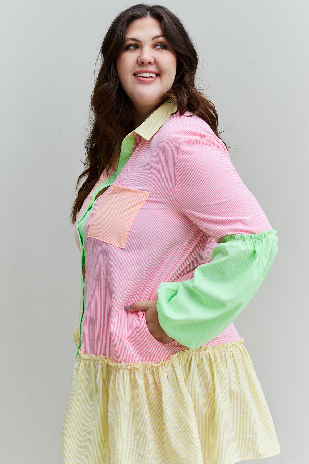 Davi & Dani Flying Colors Full Size Colorblock Long Sleeve Shirt Dress - Loulou Boutique