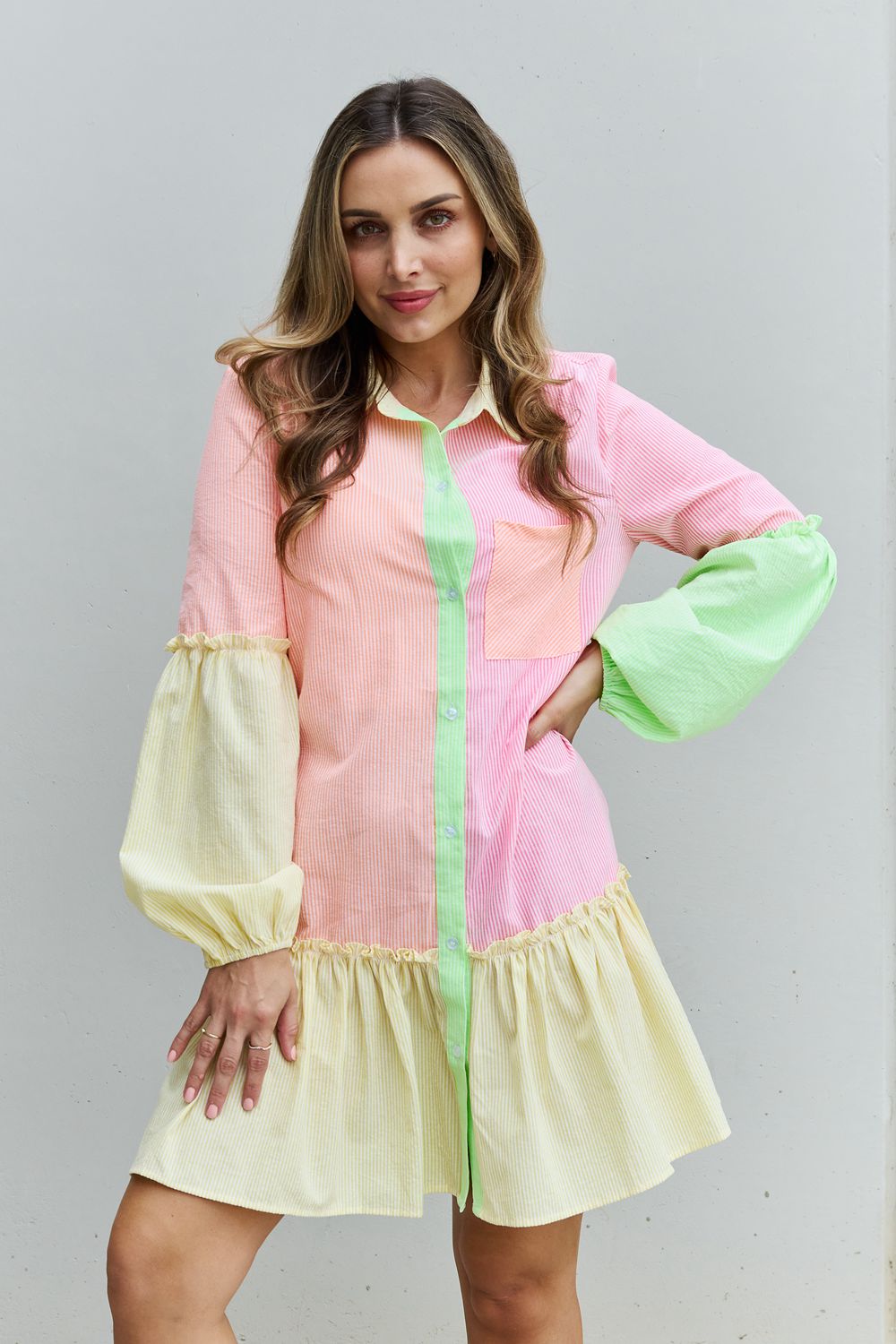 Davi & Dani Flying Colors Full Size Colorblock Long Sleeve Shirt Dress - Loulou Boutique