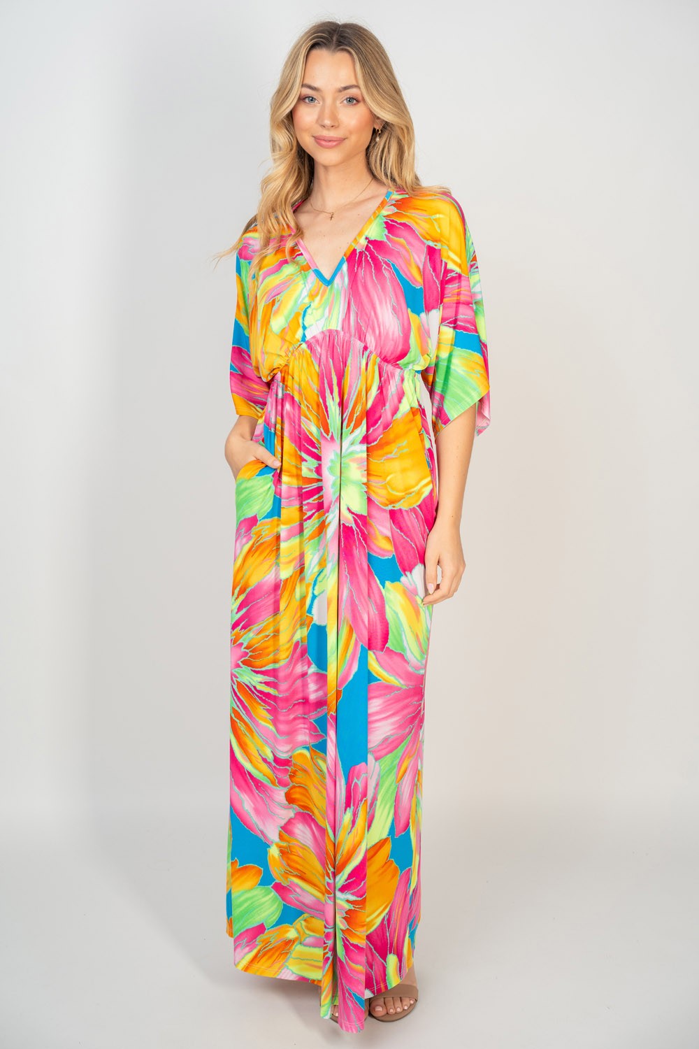 White Birch Printed V-Neck Maxi Dress with Pockets