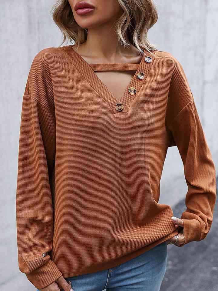 Decorative Button Drop Shoulder Top - Loulou Boutique