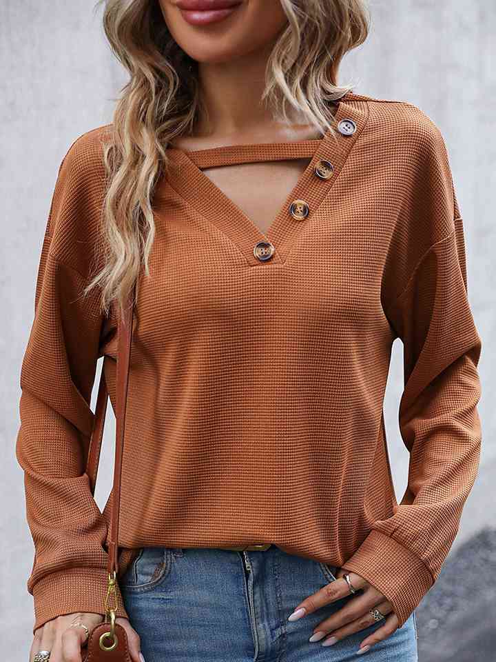 Decorative Button Drop Shoulder Top - Loulou Boutique