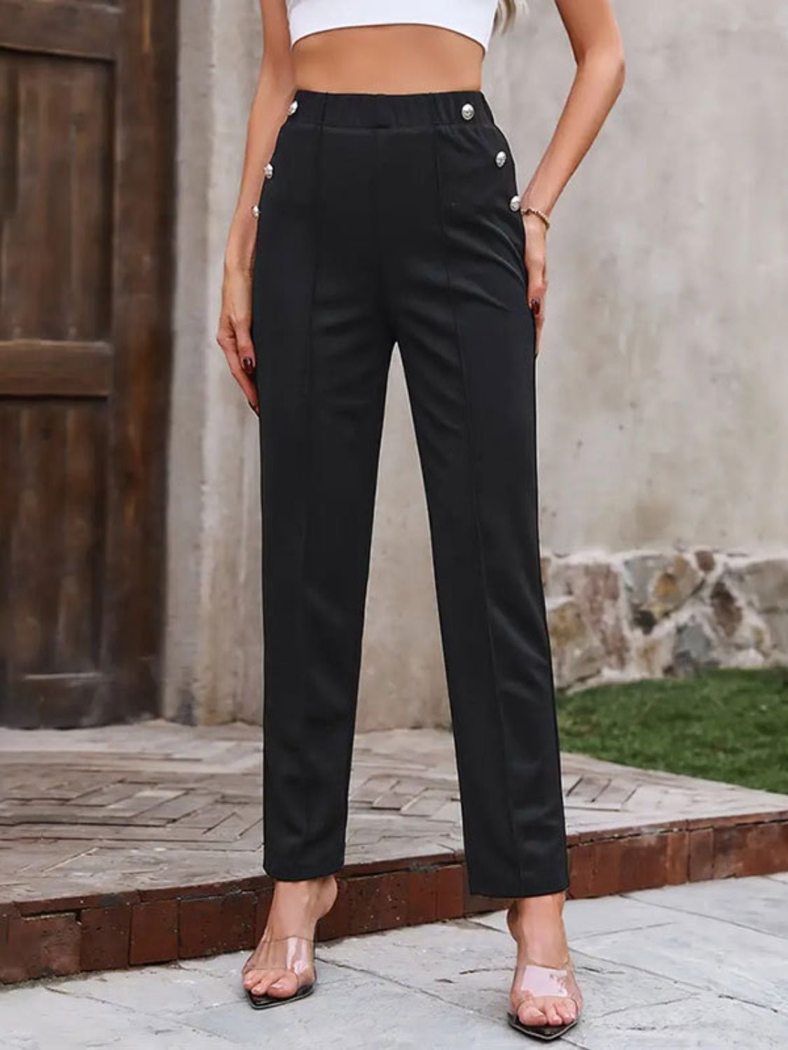 Decorative Button Elastic Waist Pants - Loulou Boutique