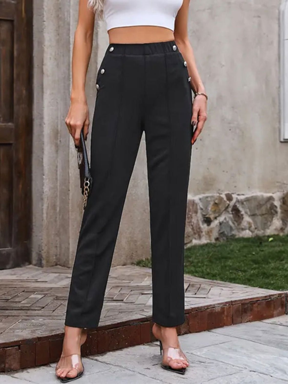 Decorative Button Elastic Waist Pants - Loulou Boutique