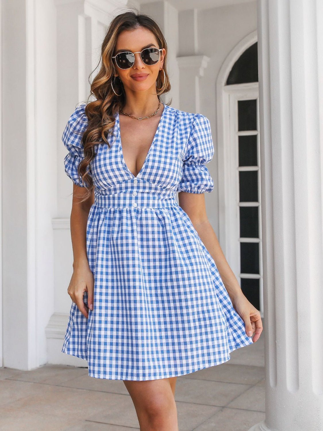 Decorative Button Plaid Short Sleeve Dress - Loulou Boutique