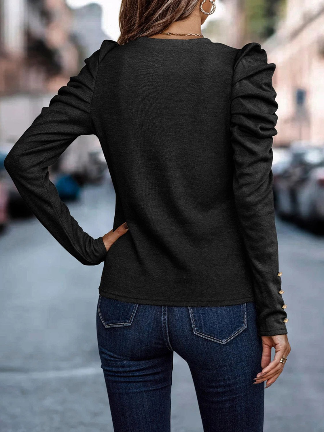 Decorative Button Puff Sleeve T - Shirt - Loulou Boutique