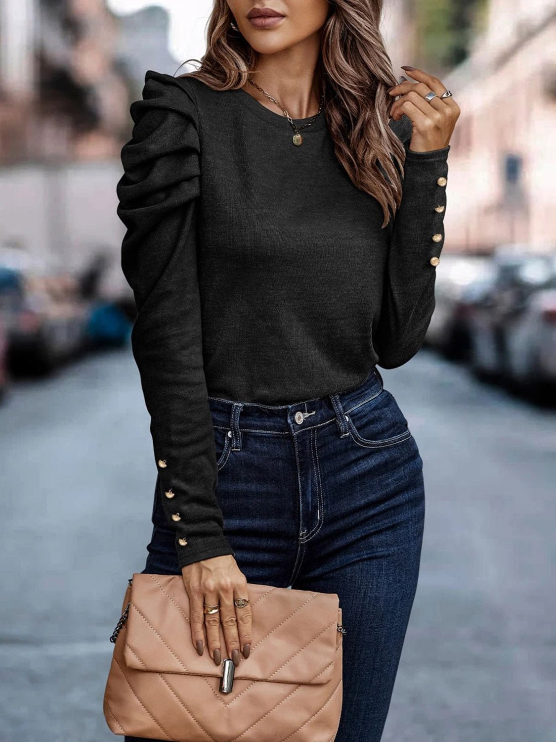 Decorative Button Puff Sleeve T - Shirt - Loulou Boutique