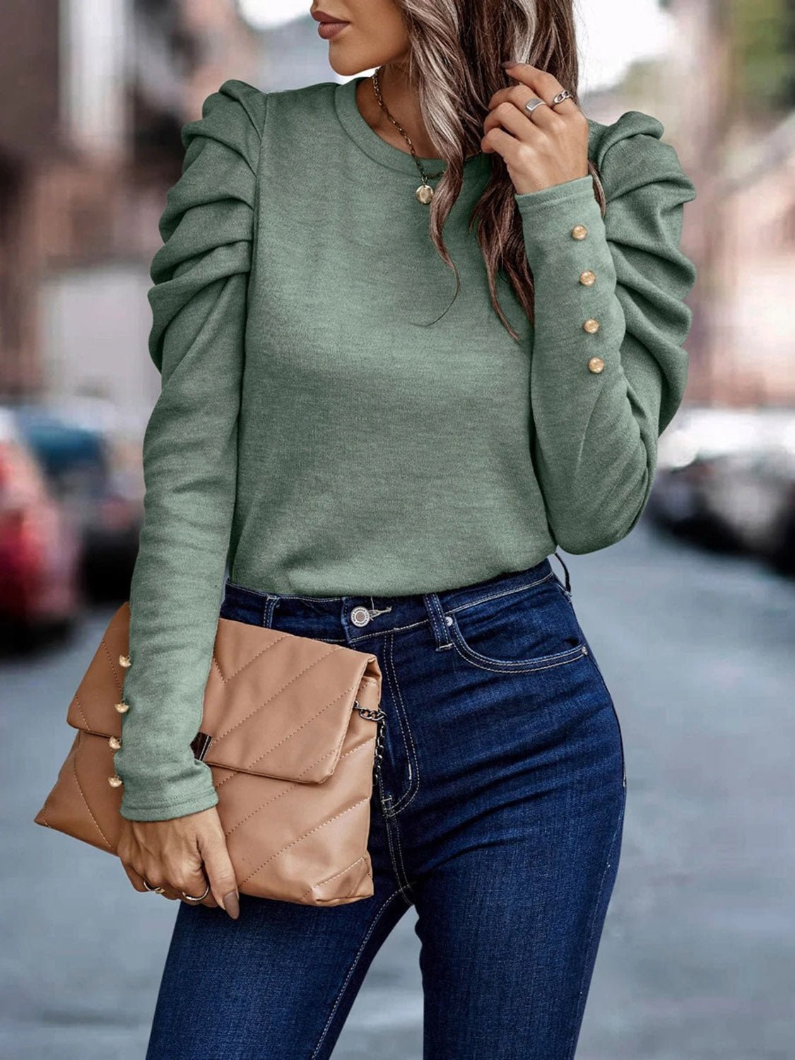Decorative Button Puff Sleeve T - Shirt - Loulou Boutique