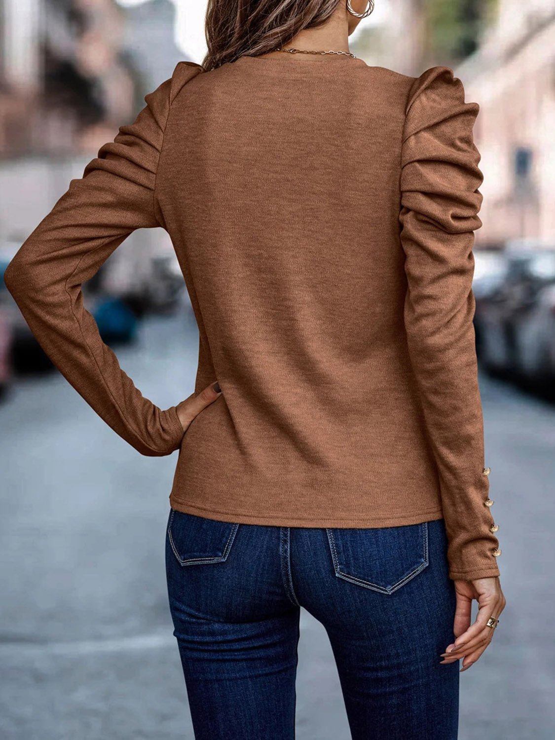 Decorative Button Puff Sleeve T - Shirt - Loulou Boutique