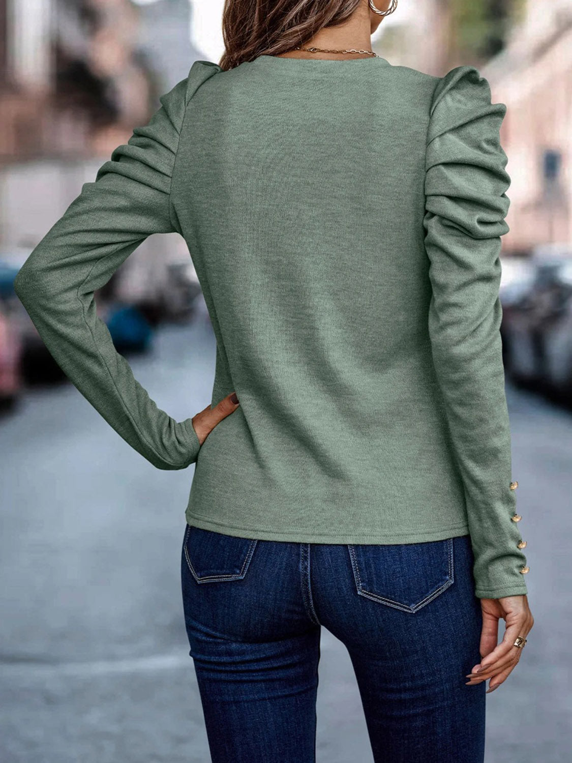 Decorative Button Puff Sleeve T - Shirt - Loulou Boutique