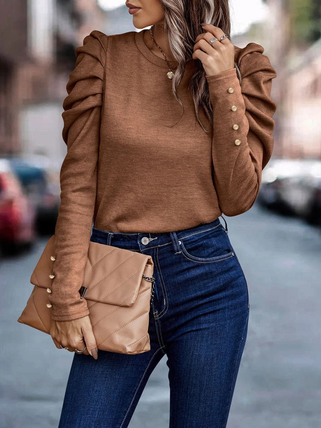 Decorative Button Puff Sleeve T - Shirt - Loulou Boutique