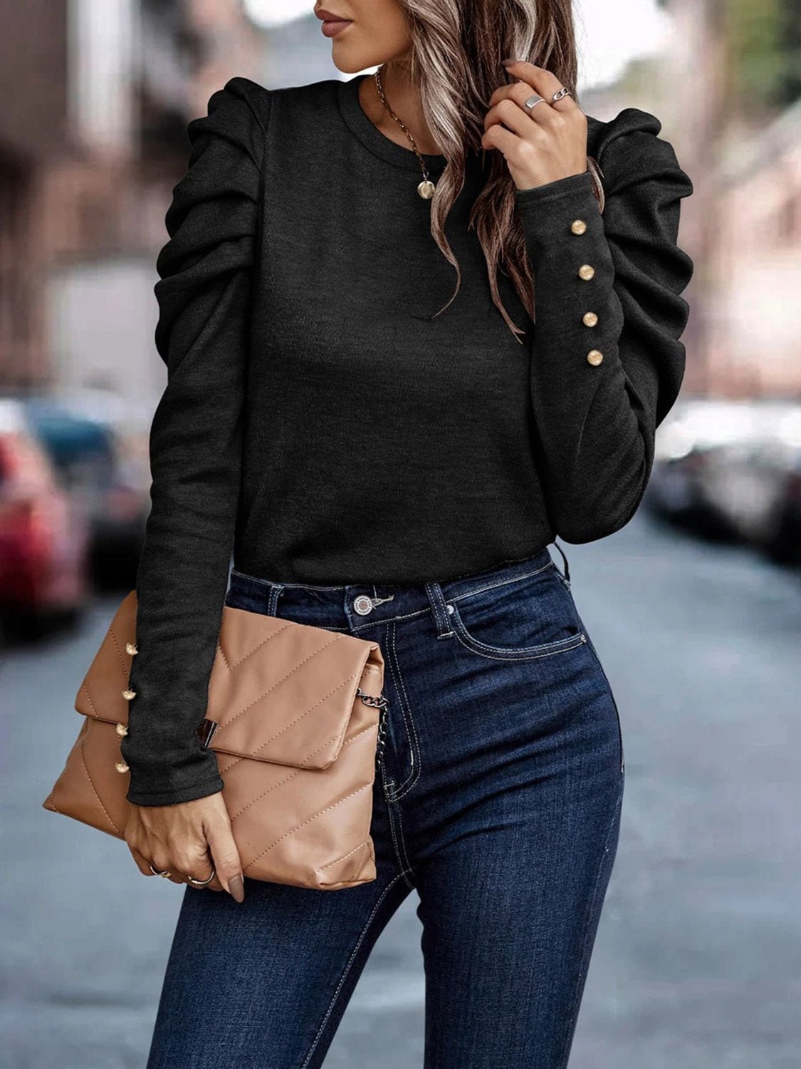 Decorative Button Puff Sleeve T - Shirt - Loulou Boutique