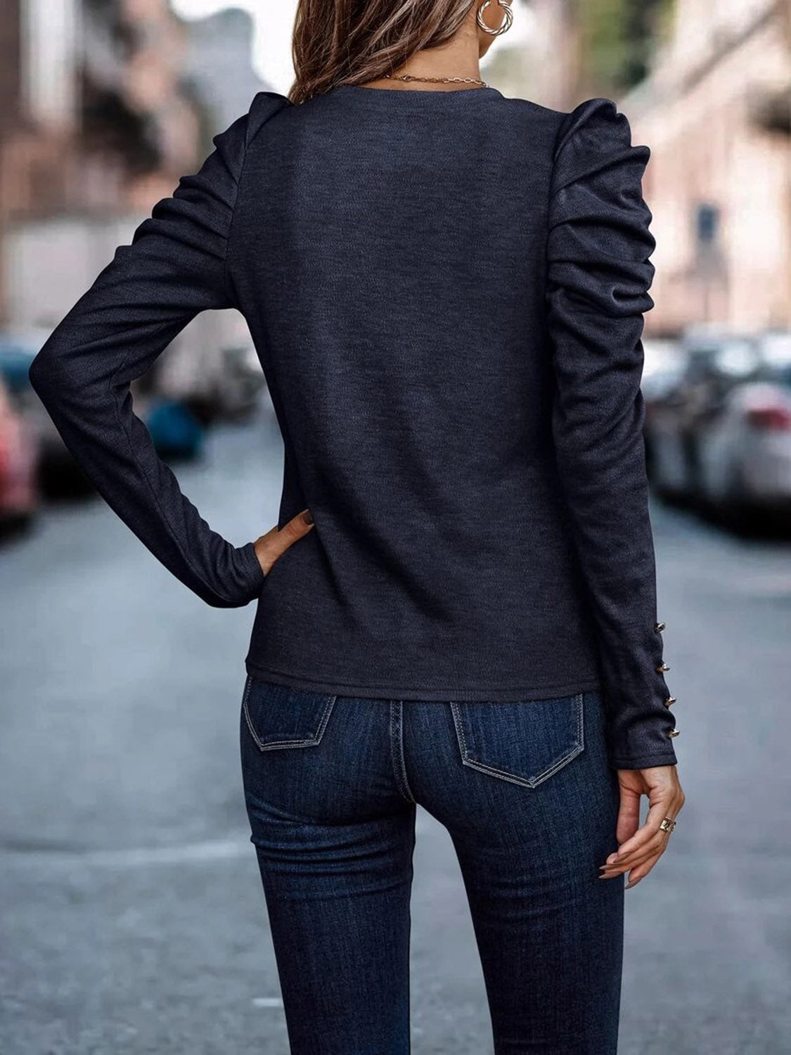 Decorative Button Puff Sleeve T - Shirt - Loulou Boutique