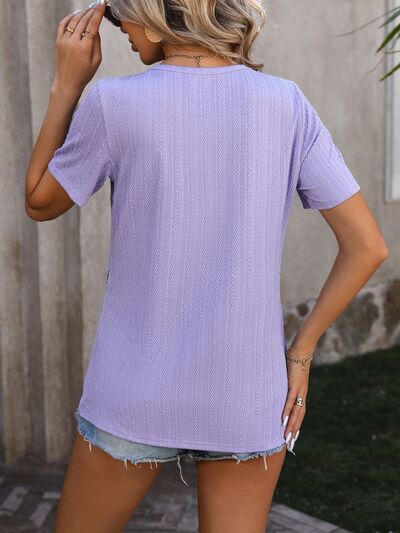 Decorative Button Round Neck Short Sleeve Blouse - Loulou Boutique