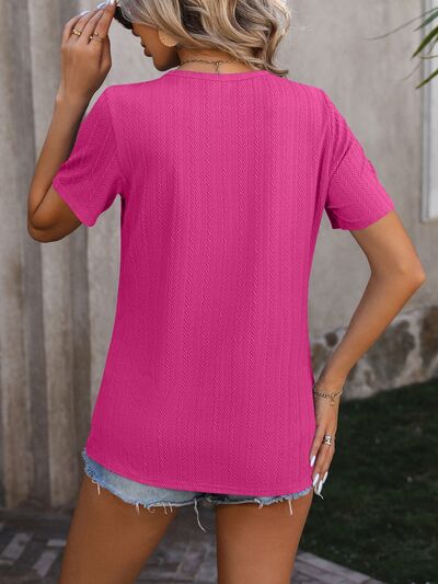 Decorative Button Round Neck Short Sleeve Blouse - Loulou Boutique