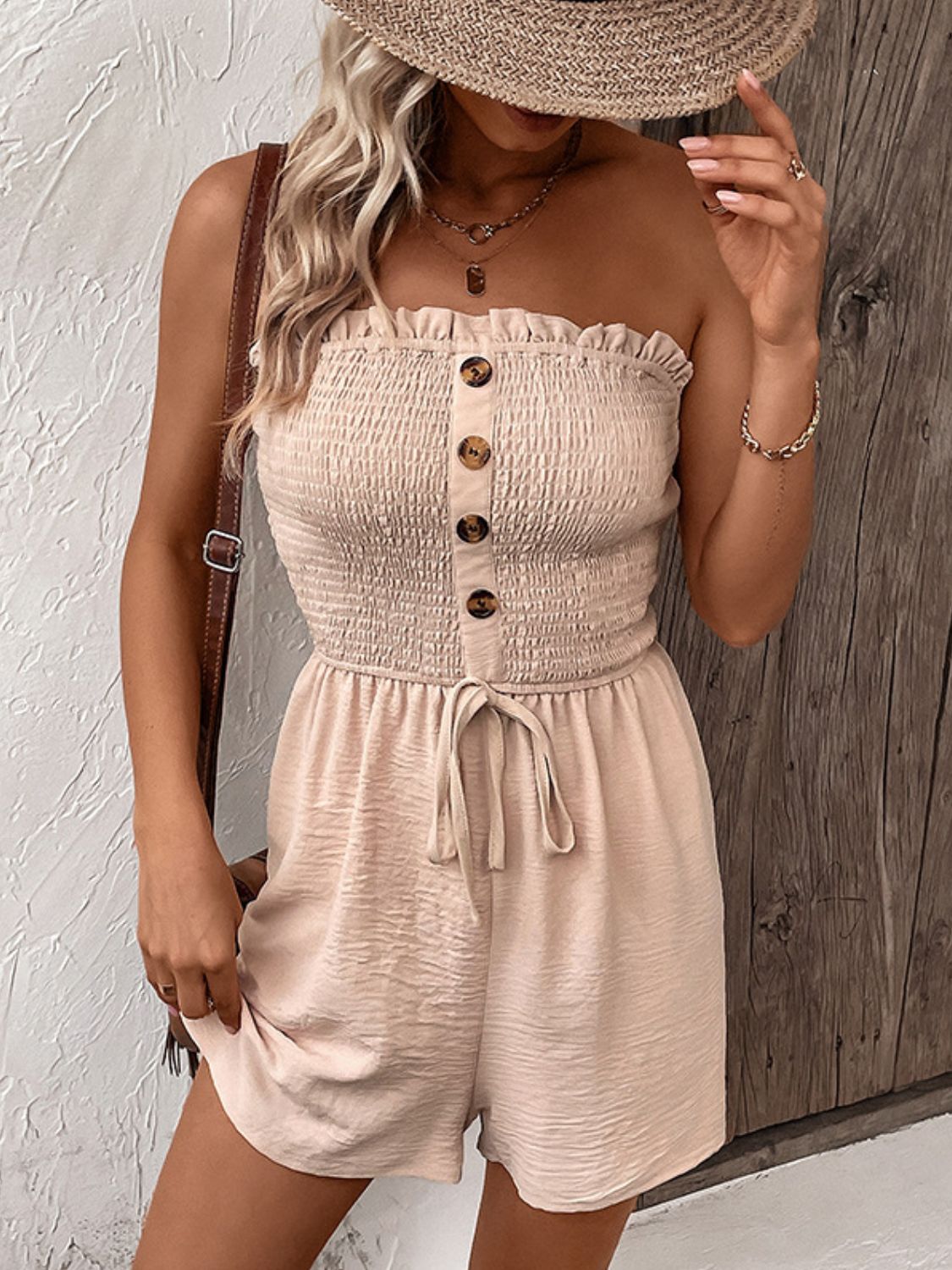 Decorative Button Smocked Strapless Romper - Loulou Boutique