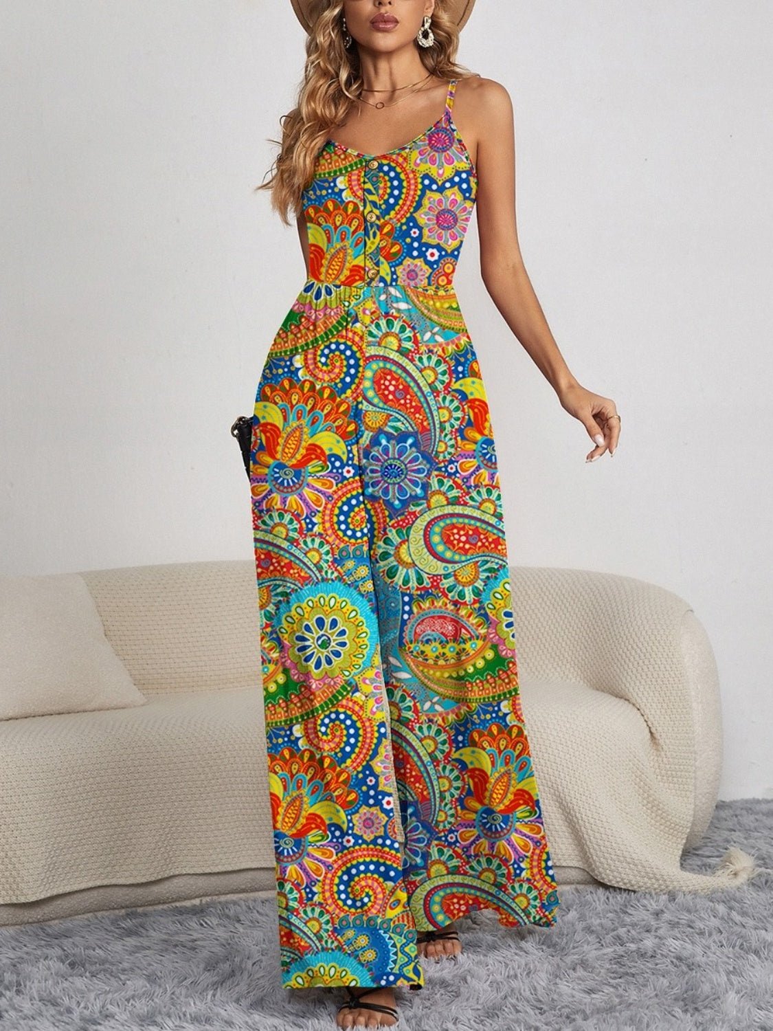 Decorative Button Spaghetti Strap Wide Leg Jumpsuit - Loulou Boutique