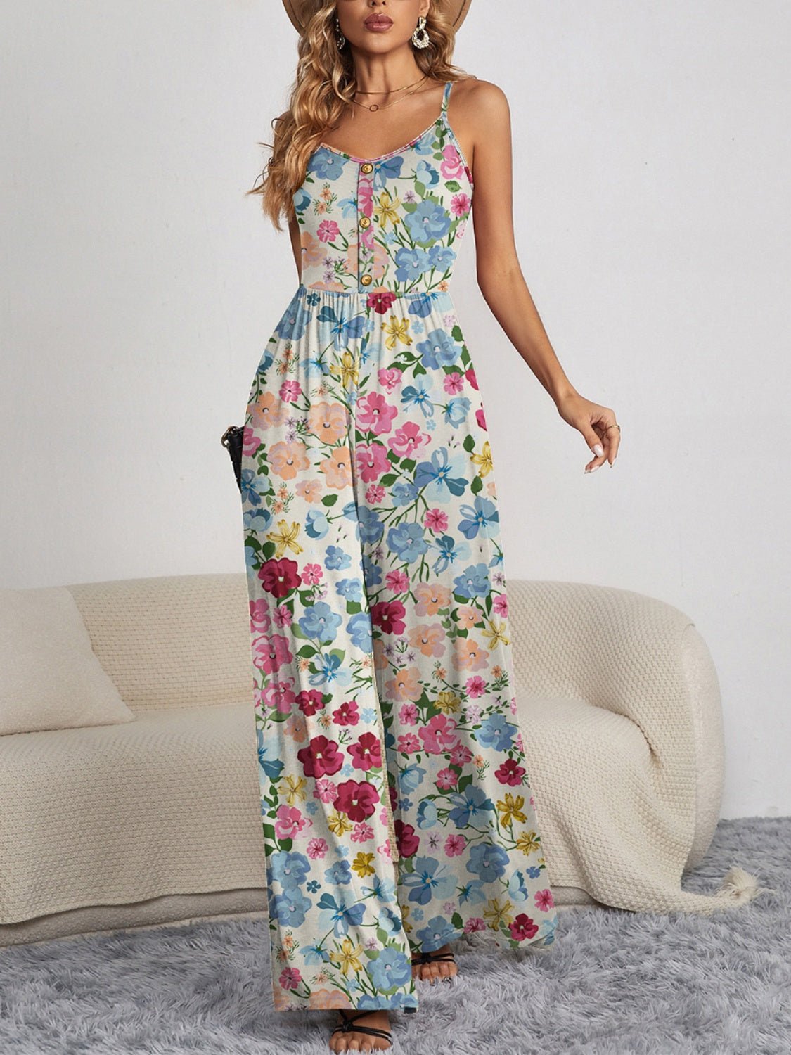 Decorative Button Spaghetti Strap Wide Leg Jumpsuit - Loulou Boutique