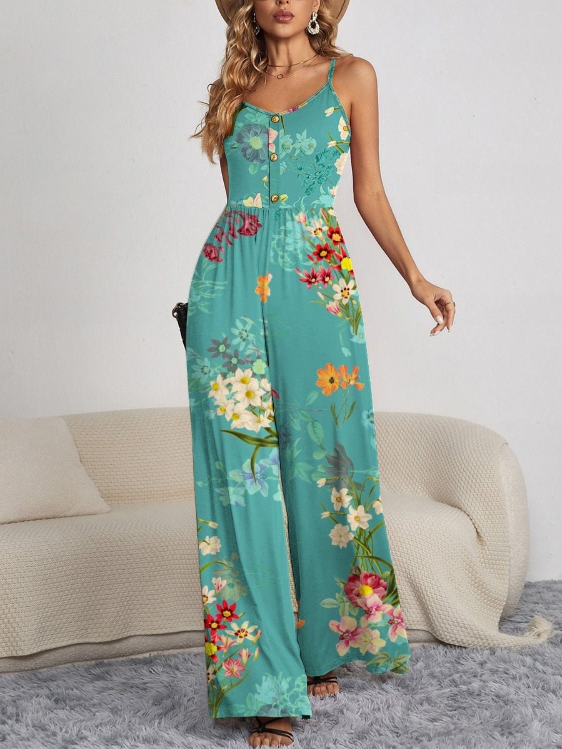 Decorative Button Spaghetti Strap Wide Leg Jumpsuit - Loulou Boutique