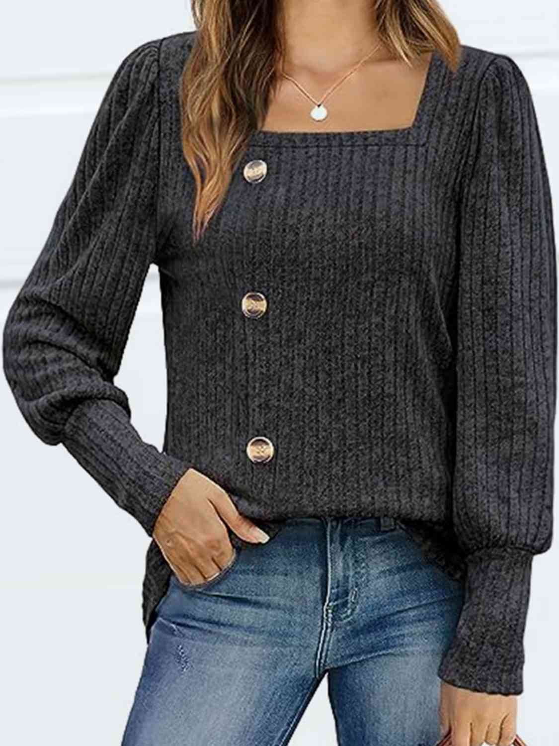 Decorative Button Square Neck Top - Loulou Boutique