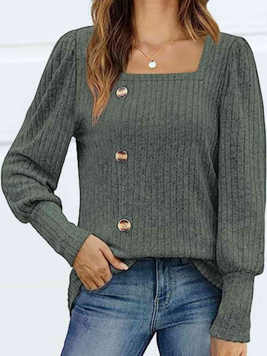 Decorative Button Square Neck Top - Loulou Boutique