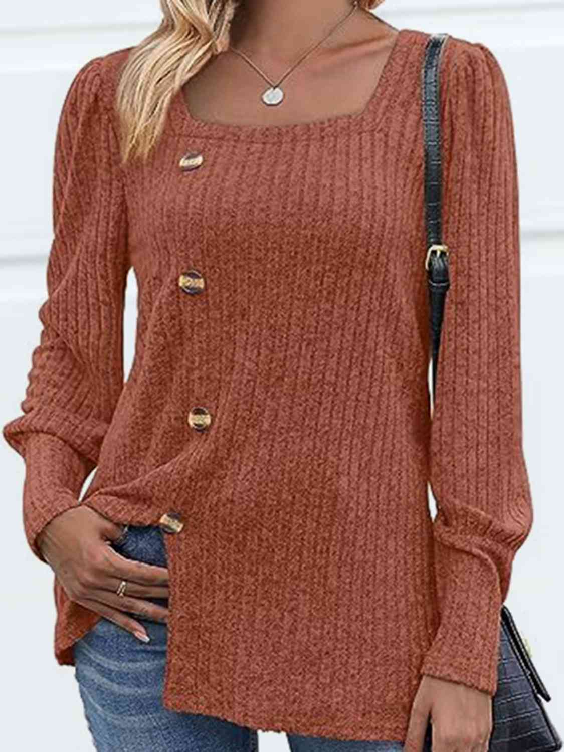 Decorative Button Square Neck Top - Loulou Boutique