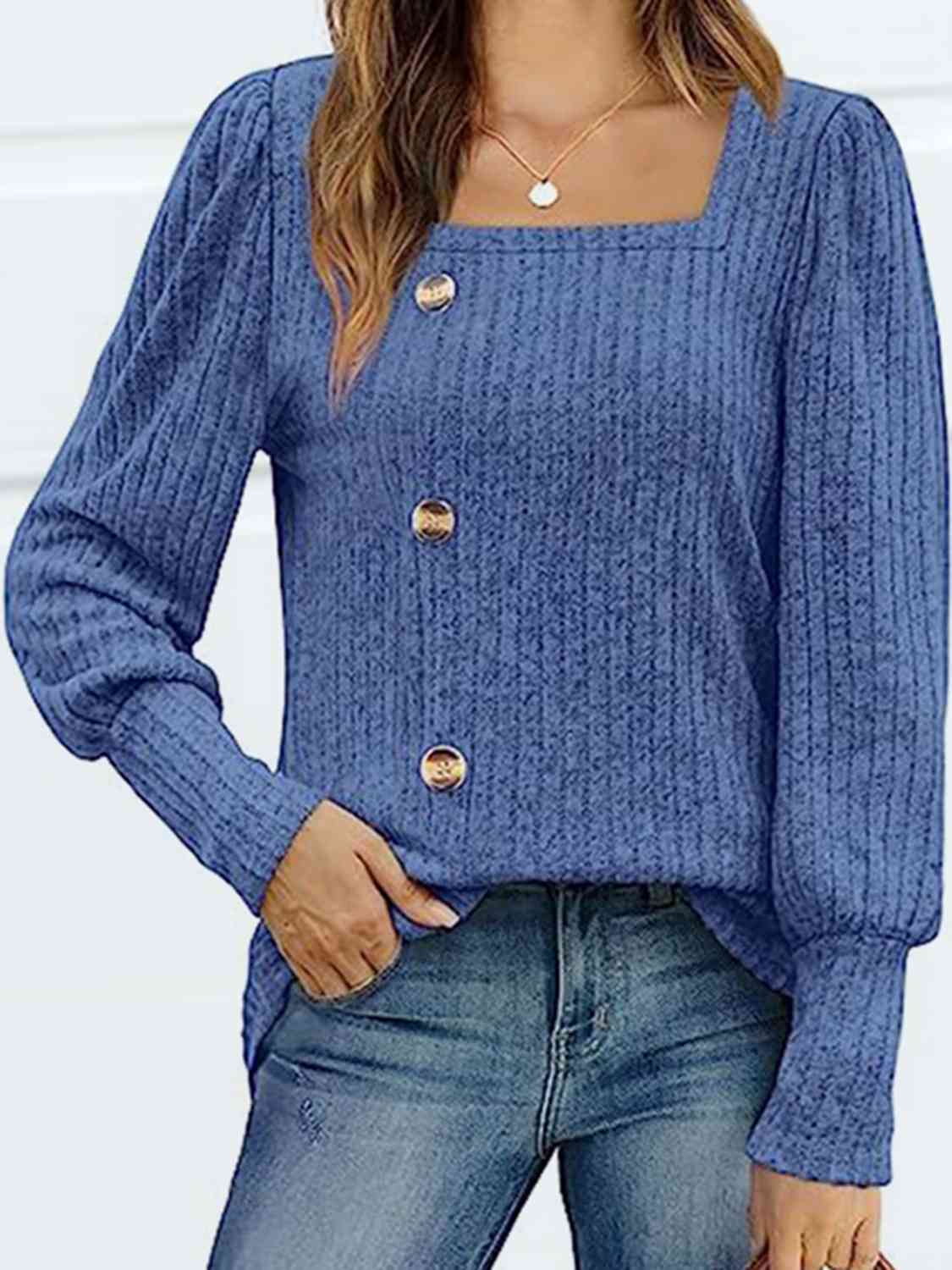 Decorative Button Square Neck Top - Loulou Boutique