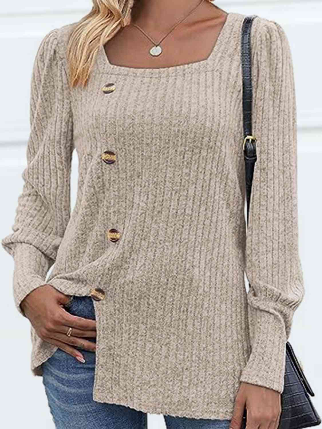 Decorative Button Square Neck Top - Loulou Boutique