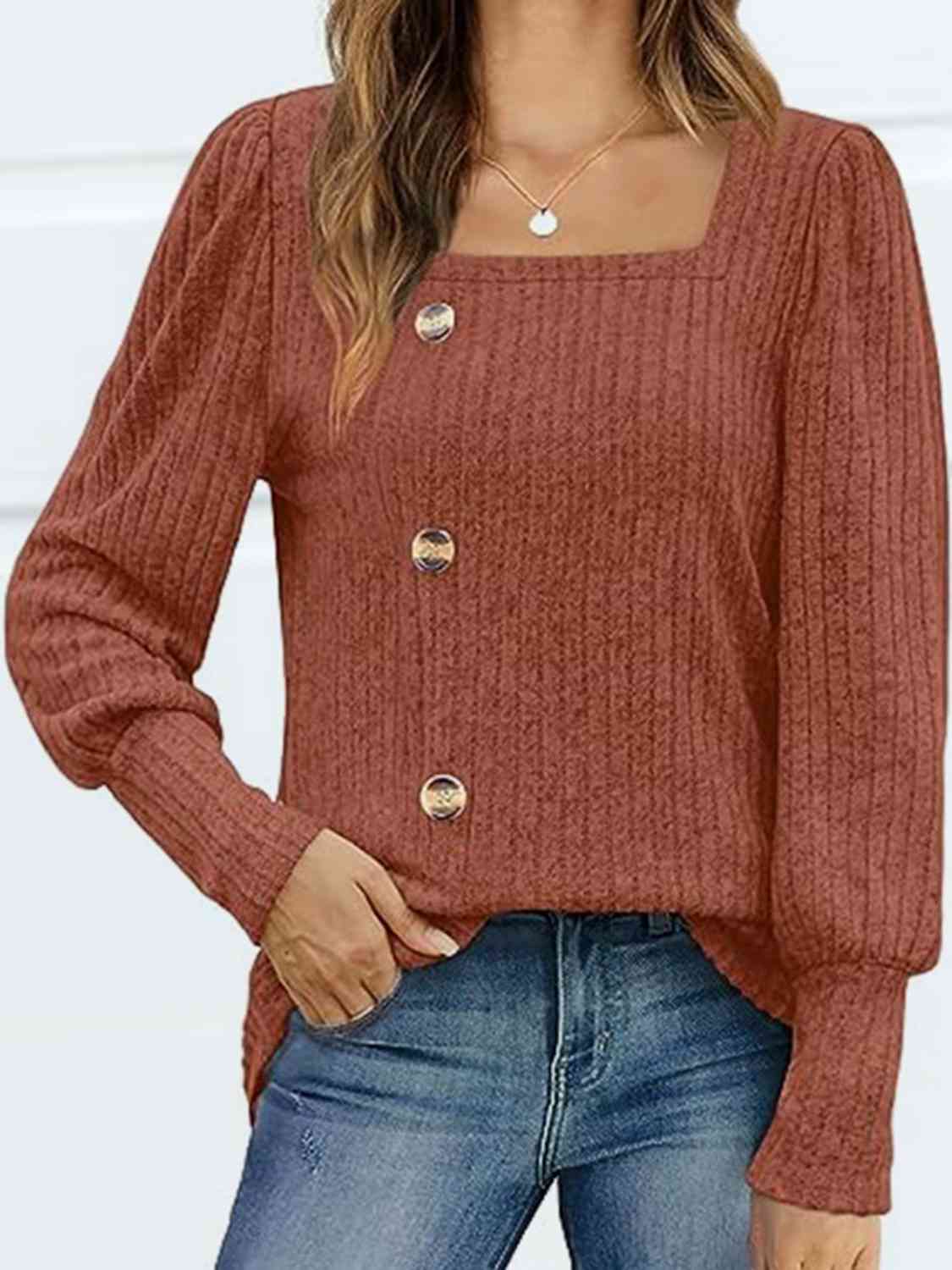 Decorative Button Square Neck Top - Loulou Boutique