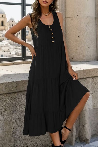 Decorative Button Tiered Tank Dress - Loulou Boutique