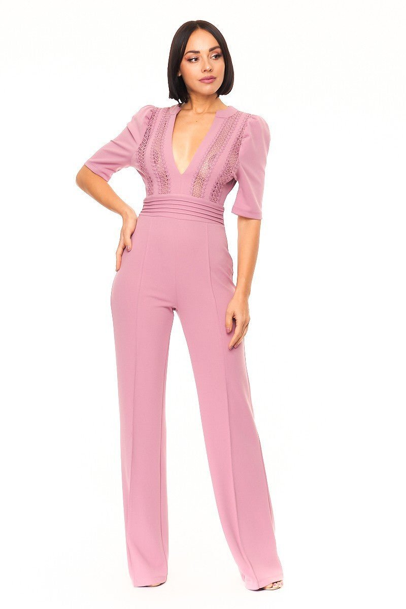 Deep V - neck Crochet Bodice Jumpsuit - Loulou Boutique